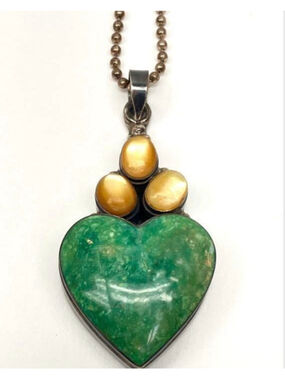 Vintage 925 Sterling Silver Italy Green Stone Heart Pendant Necklace Amber Cabo